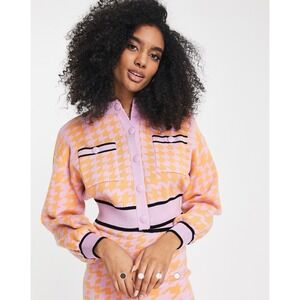 River Island Plus Houndstooth Check Bomber Preppy OrangePurple Cardigan US 18-20